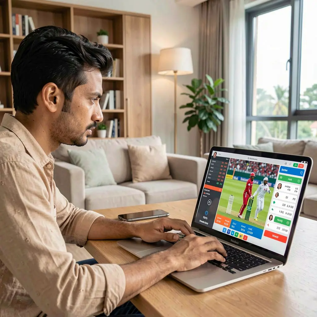 Bangladeshi sports fan analyzing live cricket betting odds on a laptop at home using the 47OK betting platform